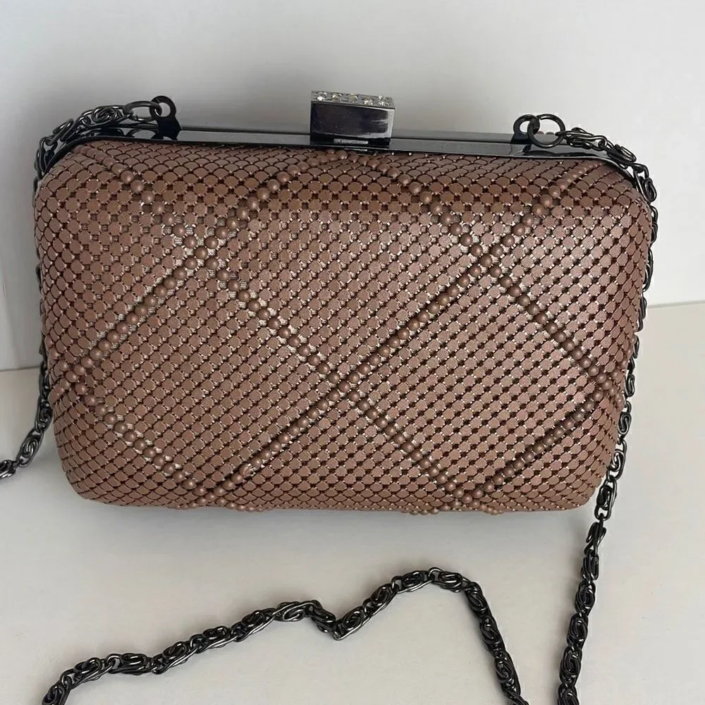 Nicole Miller Blush Pink Metal Mesh Chain Strap Structured Frame Evening Bag
